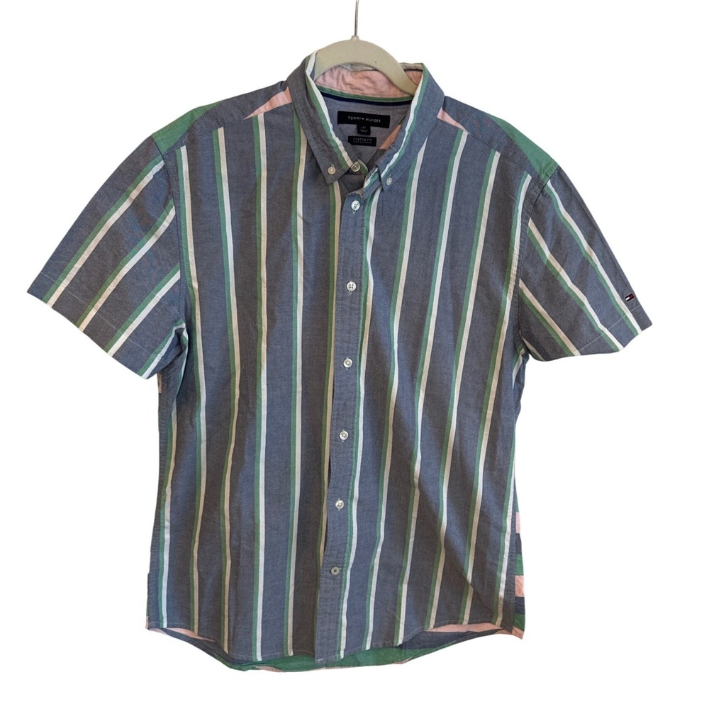 Tommy Hilfiger Men's Custom Fit‎ Striped Short Sleeve Button Down Shirt L G
